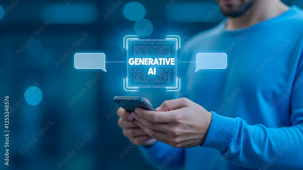 Poster man using smartphone to interact with generative ai technology in a modern digital environment