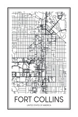 Obraz premium Printable downtown road map poster of the USA city of FORT COLLINS on solid white background with city name