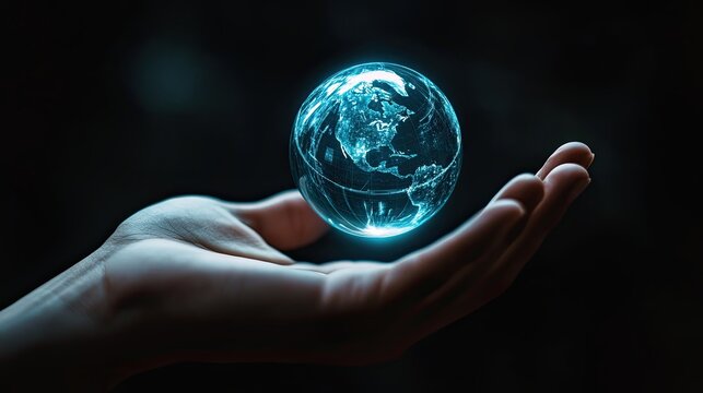 3Dホログラフィックグローブを操作する手 - 未来的な演出 A Hand Manipulating a Holographic Globe Floating in 3D - Futuristic Display