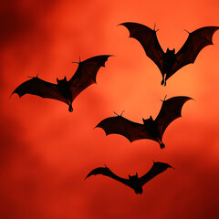 Fototapeta premium Bats flying across a vibrant red sky at dusk showcasing the beauty of nature and the mystery of nocturnal creatures. Generative AI