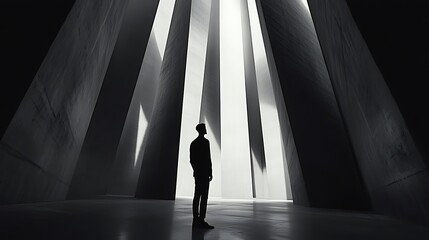 Abstract Concrete Interior, Man Contemplating, Modern Architecture, Studio