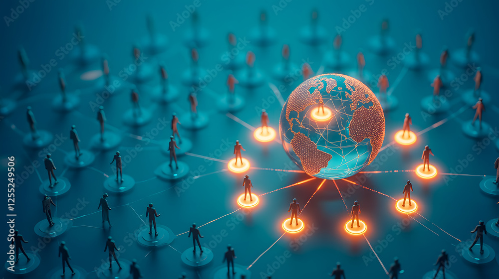 Poster global network of connections represented by small figures and a digital globe in a blue-toned backg