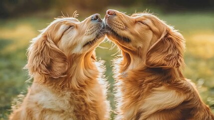 Obraz premium Golden Retrievers nuzzle, park sunset, friendship, pet love