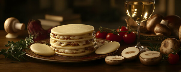 Cheese stack, wine, mushrooms, table