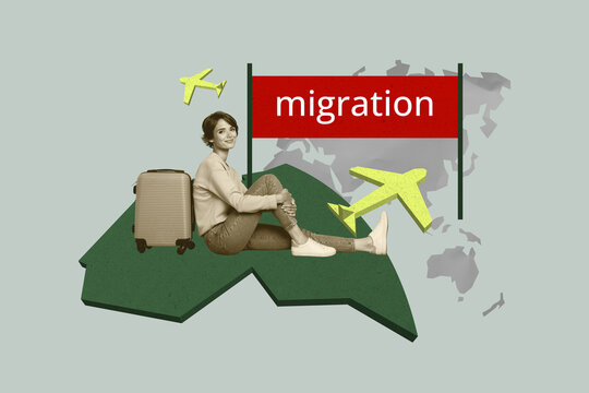 3D collage poster template trend artwork sketch of young woman sit banner migration map plane travel moving foreign country destination - Powered by Adobe