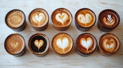A variety of beautifully crafted coffee drinks arranged in a row on a wooden table