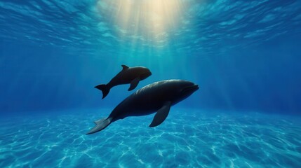 Obraz premium World Whale Day concept, Two dolphins gracefully swimming underwater in a serene ocean environment. 3D render