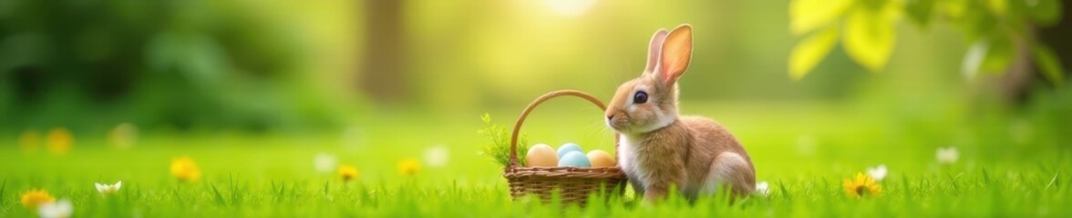 Bunny sits on green grass field with eggs in basket, bunny, meadow