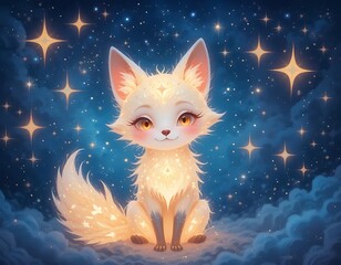 Luminous Fox Kit Among Sparkling Stars: A Whimsical Digital Painting