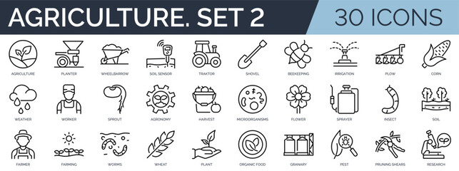 Set of 30 outline icons related to agriculture. Second set. Linear icon collection. Editable stroke. Vector illustration