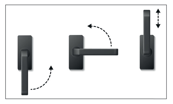 Window handle in different positions. Room interior in office or home. Modern design furniture. Realistic isolated black classic element. Informational poster on transparent vector concept