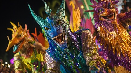 Vibrant Dragon Costumes Carnival Festive Parade Celebration Sparkling Bright Colors Nighttime Magical Fantasy Event Extravaganza Unique Designs Art   