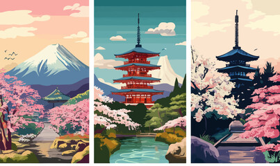 Fototapeta premium Retro Style Japan Travel Posters: Osaka, Kyoto, Fuji, Sakura Illustrations