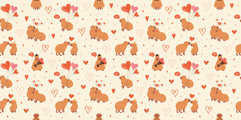 Seamless Valentine's Day Pattern with Cute Capybaras. Vector