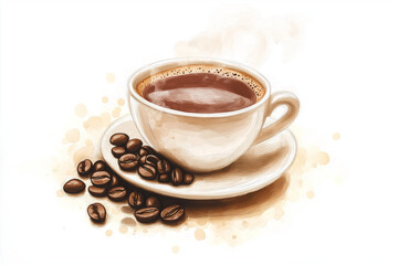 Hand-drawn coffee cup illustration with steam and beans isolated on white background