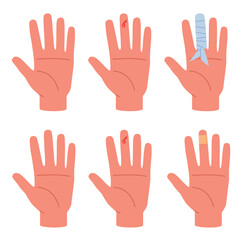 Ways to treat cut. Hand bleeding wound treatment stages process, medical infographic poster, emergency help. Bandage and patch. Injured human cartoon flat style isolated vector concept