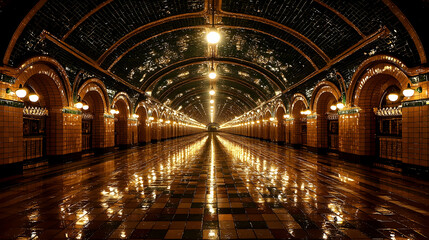 Obraz premium Illuminated tiled hallway, arched ceiling, reflective floor, night. Architecture use