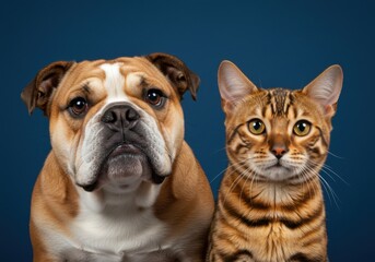 Fototapeta premium Headshot of an English Bulldog and a Bengal cat standing side by side looking at the camera against a dark blue background