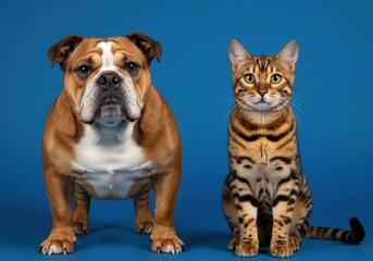 Obraz premium Head shot of English Bulldog and bengal cat side by side looking at the camera on an blue background