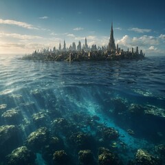 Fototapeta premium A legendary city submerged beneath the ocean, where its towers still gleam in the sunlight.