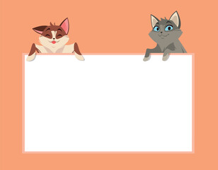 Obraz premium Two cats holding white blank sheet paper. Empty banner for advertising, happy adorable pet veterinary ad template. Kitty with blank frame. Cartoon flat style isolated vector concept