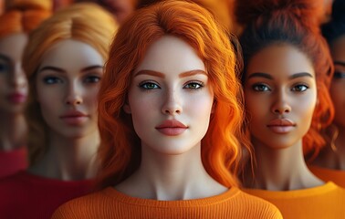 Obraz premium Group of Figures in Vibrant Orange Attire with Colorful Stylized Hair in Various Styles