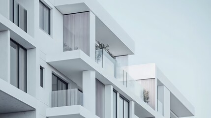Modern apartment building exterior facade, clean lines, minimalist design