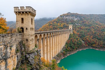 Obraz premium Historical stone aqueduct bridge over turquoise water in nature