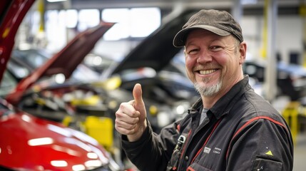 Obraz premium Mechanic showing a thumbs up in an auto repair shop, smiling while working on a vehicle. Vehicle maintenance, automotive service, and customer satisfaction concept.