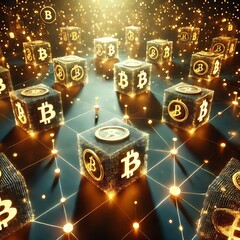 Fototapeta premium Glowing Blockchain Network with Cryptocurrency Coins