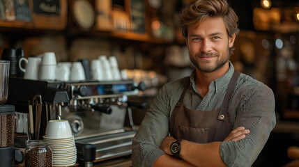 Confident Barista Standing Behind the Counter of a Cozy Coffee Shop