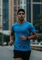 Urban runner in blue t-shirt listening to music with wireless earbuds