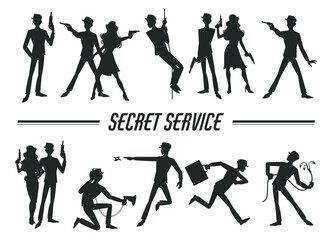 Set of silhouettes of male and female secret service personnel. Man and woman different active poses, hero detectives, spy character hold pistols on ropes. Vector flat isolated crime concept