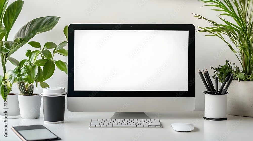Aufkleber modern workspace with computer and plants
