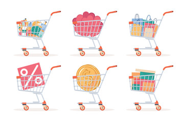 Set of shopping carts. Grocery trolley, food products, sale and discount sing, wrapped gifts, gold coin, romantic hearts. Marketing promotion. Business icon. Cartoon flat vector illustration