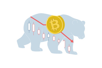 Bitcoin bear market price is down, Cryptocurrency market price is falling sharply, Market volatility, Investment risk, Flat vector design illustration.