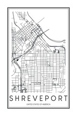 Printable downtown road map poster of the USA city of SHREVEPORT on solid white background with city name