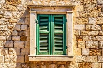 Fototapeta premium Trogir's historic charm: white shutters, stone buildings, Croatian summer.