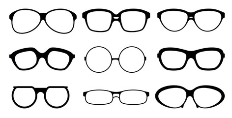 Set glasses silhouettes with different shapes. Black outline elements. Retro and modern eye optical various accessory. Fashion trendy eyewear. Sunglasses plastic rims. Vector flat isolated set