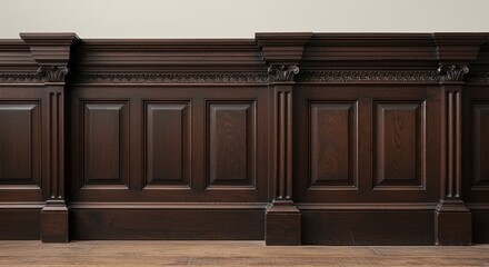 Ornate dark wood paneling with columns and molding details