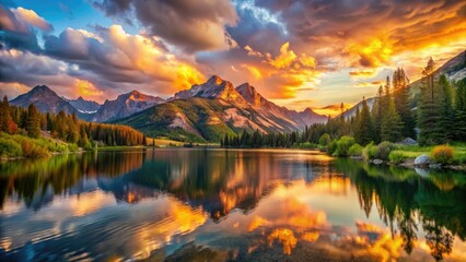 Utah's alpine lake blazes golden at sunset, a dramatic sky mirroring majestic peaks.