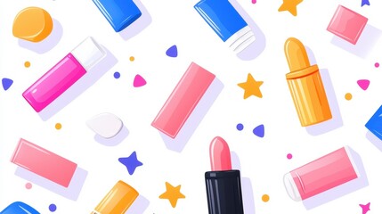 Colorful pattern featuring illustrations of lipsticks lip balms and stars in a vibrant design
