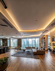 Fototapeta premium A high-rise apartment living room with an open floor plan, neutral color palette, and smart