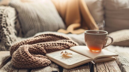 Cozy Autumn Afternoon: Warm Drink, Knitwear, and Notebook