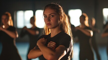 Determined young woman practicing self-defense with a group of students