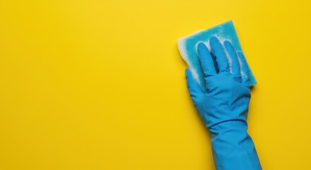 Gloved hand cleaning surface with sponge on bright yellow background