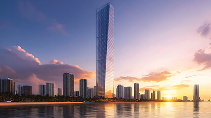 Fototapeta premium A sleek glass skyscraper reflecting the golden sunset in a modern city skyline