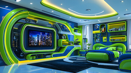 Obraz premium Futuristic kids bedroom design, vibrant green and blue