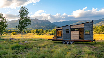 A tiny home on wheels parked in a scenic meadow with mountain views (2)
