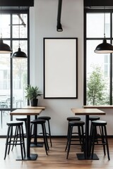 Modern caf&Atilde;&copy; interior featuring empty wooden tables and stools by large windows, ideal for social gatherings, meetings, or casual dining experiences.